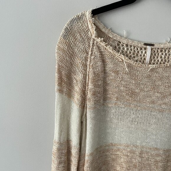 Free People Striped Distressed Knit High Low Hem Mini Sweater Tunic Cream Small - Picture 4 of 8